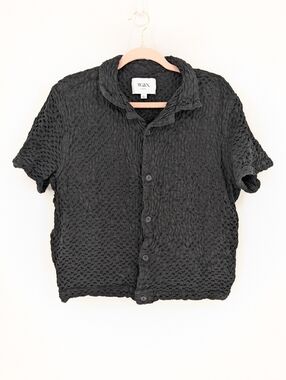Wax London Lido Boxy Waffle Short Sleeve Shirt Button Front Collared Black Sz L